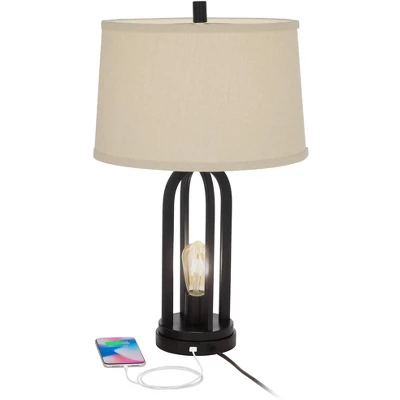 360 Lighting Marcel Industrial Table Lamps 24 1/4" High Set Of 2 Black With LED Nightlight USB Port Natural Shade For Bedroom Living Room House Desk - Image 2