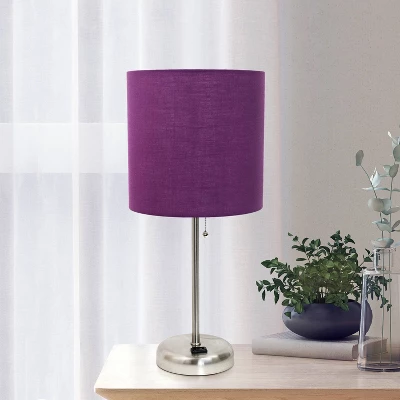 19.5" Bedside Power Outlet Base Metal Table Desk Lamp Brushed Steel With Fabric Shade Purple - Creekwood Home - Image 7