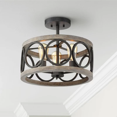 Franklin Iron Works Salima Rustic Farmhouse Ceiling Light Semi Flush Mount 16" Wide Black Gray Wood 3-Light For Bedroom Kitchen Living Room Hallway
