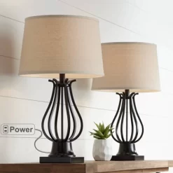 Regency Hill Hadley Modern Table Lamps Set Of 2 26" High Bronze With AC Power Outlet Light Brown Drum Shade For Bedroom Living Room Bedside House Desk