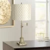 360 Lighting Swing Arm Desk Table Lamp 36" Tall Antique Brass Off White Embroidered Hourglass Fabric Drum Shade For Living Room Bedroom