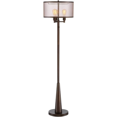 Franklin Iron Works Durango Rustic Farmhouse Floor Lamp 62" Tall Oiled Bronze Metal 3 Light LED Brown Sheer Drum Shade For Living Room Bedroom Office - Image 6