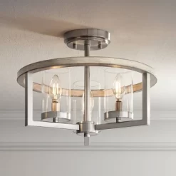 Possini Euro Design Senna Modern Industrial Ceiling Light Semi Flush Mount Fixture 15" Wide Brushed Nickel Gray Wood 3-Light Clear Glass For Bedroom