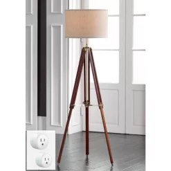 Possini Euro Design Serveyor Modern 57 1/2" Tall Tripod Floor Lamp Smart Socket Cherry Wood Brass Adjustable Beige Shade For Living Room