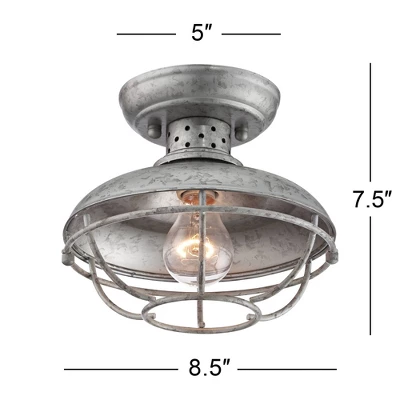 Franklin Iron Works Rustic Farmhouse Semi Flush Mount Outdoor Ceiling Light Fixture Galvanized Cage 8 1/2" White Glass Damp Rated For Exterior Barn - Image 6