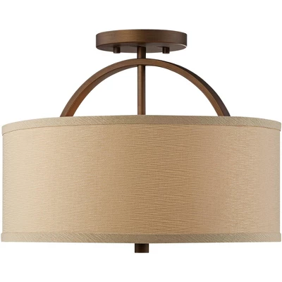 Possini Euro Design Halsted Modern Ceiling Light Semi Flush Mount Fixture 15" Wide Brushed Bronze 2-Light Oatmeal Linen Drum For Bedroom Living Room - Image 4