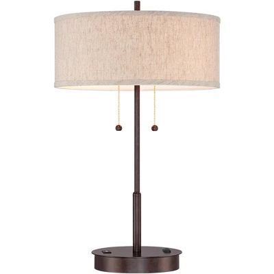 360 Lighting Modern Accent Table Lamp With USB And AC Power Outlet 23 1/2" High Bronze Fabric Drum Shade For Bedroom Living Room House Desk Bedside - Image 7