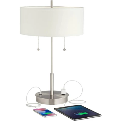 360 Lighting Nikola Modern Accent Table Lamps 23 3/4" High Set Of 2 Silver With USB And AC Power Outlet In Base White Drum Shade For Bedroom Home Desk - Image 2