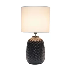20.4" Traditional Ceramic Purled Texture Bedside Table Desk Lamp With White Fabric Drum Shade Black - Simple Designs