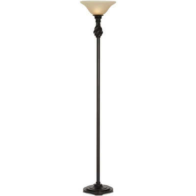 Regency Hill Traditional Torchiere Floor Lamp 70" Tall Hand Applied Black Bronze Swirl Font Amber Glass Shade For Living Room Uplight - Image 4