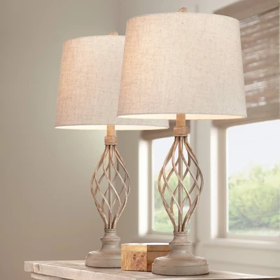 Franklin Iron Works Annie Modern Coastal Table Lamps 28" Tall Set Of 2 Weathered Sand Iron Cream Tapered Drum Shade For Bedroom Living Room Bedside - Image 5