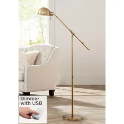360 Lighting Traditional Pharmacy Floor Lamp With USB Charging Port 55" Tall Brass Dome Shade Adjustable Arm For Living Room Reading