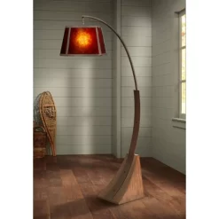 Franklin Iron Works Oak River Rustic Mission Arc Floor Lamp 66 1/2" Tall Dark Rust Wood Amber Mica Drum Shade For Living Room Reading Bedroom Office
