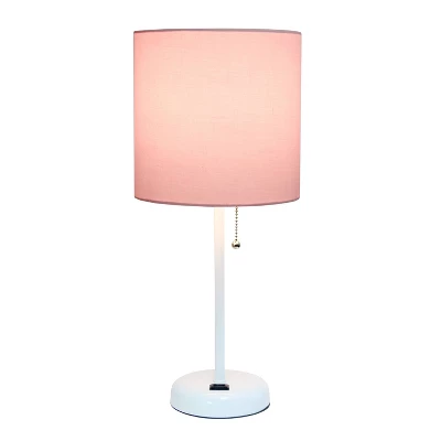19.5" Bedside Power Outlet Base Metal Table Desk Lamp In White With Light Pink Fabric Shade - Creekwood Home - Image 4