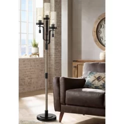 Franklin Iron Works Granada Rustic Farmhouse Tree Floor Lamp 64 1/4" Tall Black Faux Wood 3-Light Hammered Tinted Glass Shade For Living Room Reading