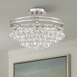 Vienna Full Spectrum Wohlfurst Modern Ceiling Light Semi Flush Mount Fixture 16" Wide Brushed Nickel 3-Light Clear Crystal For Bedroom Living Room