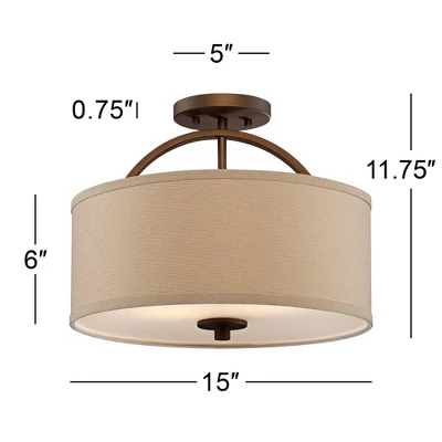 Possini Euro Design Halsted Modern Ceiling Light Semi Flush Mount Fixture 15" Wide Brushed Bronze 2-Light Oatmeal Linen Drum For Bedroom Living Room - Image 6