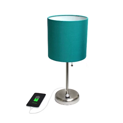 19.5" Bedside USB Port Feature Metal Table Desk Lamp Brushed Steel With Teal Fabric Shade - Creekwood Home - Image 2