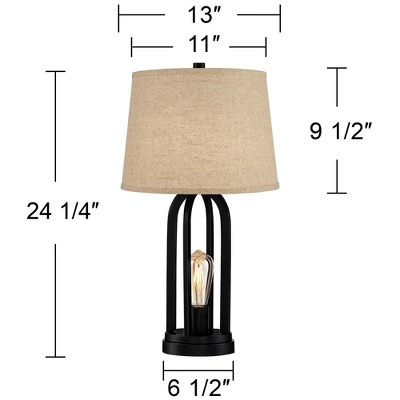 360 Lighting Marcel Industrial Table Lamps 24 1/4" High Set Of 2 Black With USB Port LED Nightlight Burlap Drum Shade For Bedroom Living Room Desk - Image 8
