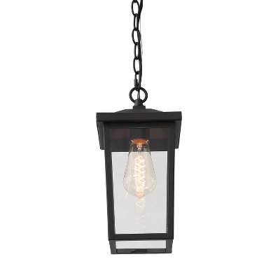 13" Metal/Glass Square Cage Modern Outdoor Pendant Light Black - LNC - Image 3