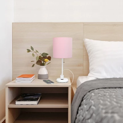 19.5" Bedside Power Outlet Base Metal Table Desk Lamp In White With Light Pink Fabric Shade - Creekwood Home - Image 6
