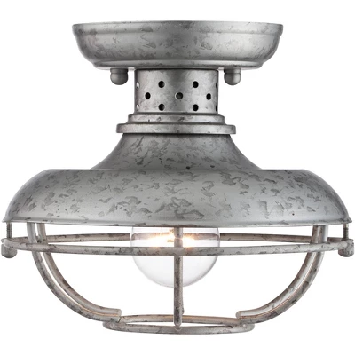 Franklin Iron Works Rustic Farmhouse Semi Flush Mount Outdoor Ceiling Light Fixture Galvanized Cage 8 1/2" White Glass Damp Rated For Exterior Barn - Image 4