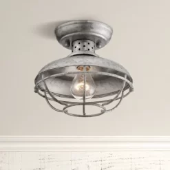 Franklin Iron Works Rustic Farmhouse Semi Flush Mount Outdoor Ceiling Light Fixture Galvanized Cage 8 1/2" White Glass Damp Rated For Exterior Barn