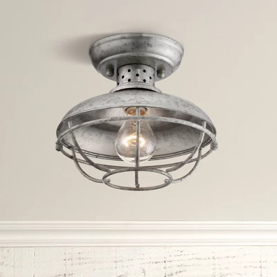 Franklin Iron Works Rustic Farmhouse Semi Flush Mount Outdoor Ceiling Light Fixture Galvanized Cage 8 1/2" White Glass Damp Rated For Exterior Barn
