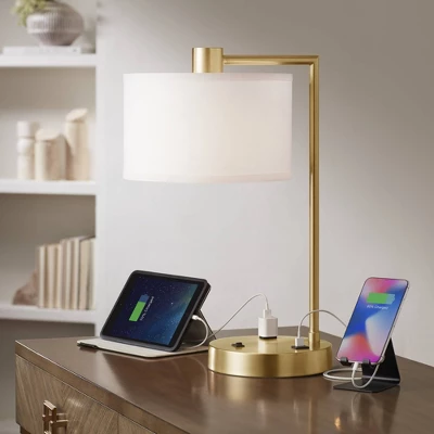 360 Lighting Colby Antique Gold Desk Lamps With Outlet And USB Port Set Of 2 - Image 7