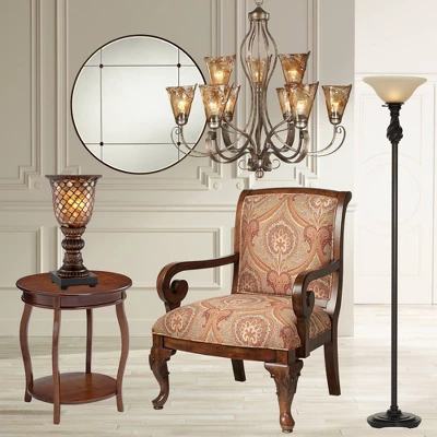 Regency Hill Traditional Torchiere Floor Lamp 70" Tall Hand Applied Black Bronze Swirl Font Amber Glass Shade For Living Room Uplight - Image 6